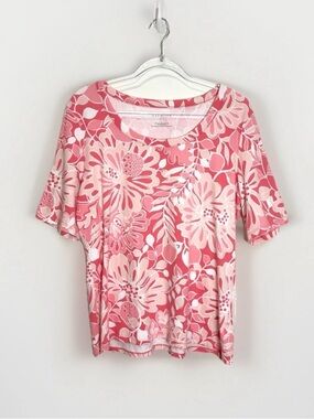 Talbots Top Women Sz L Pink Floral Cotton Tee Spring Lightweight Stretchy Casual